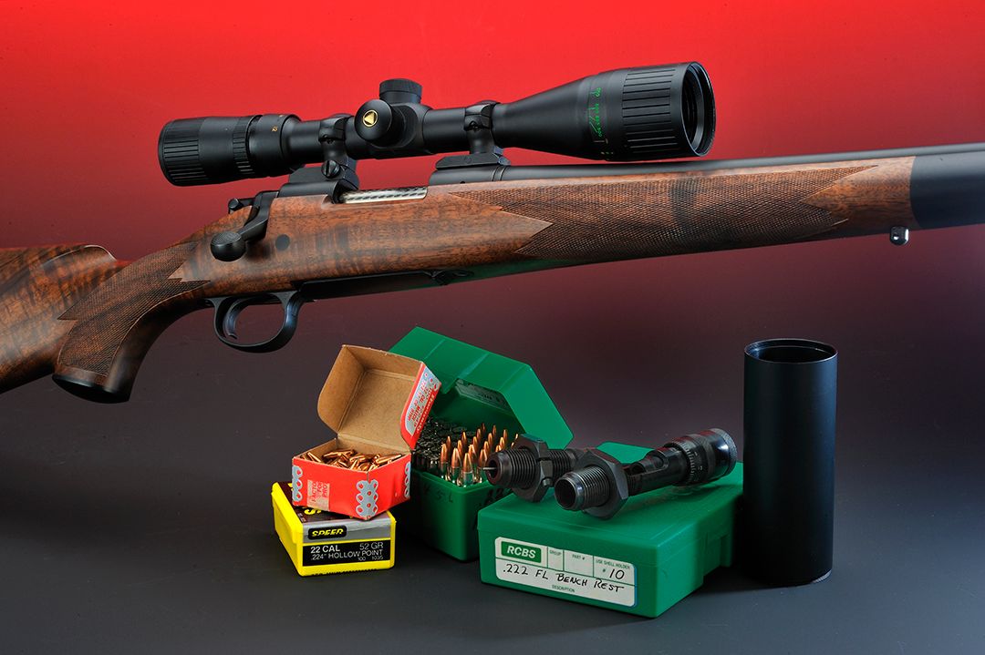 Stan used this Custom Shop Model 700 in all testing of the .222 Remington. This rifle is the equivalent of the typical Grade 1 that Remington still makes. The tube on the right is a sunshade extension that is mounted on the scope to cut down on barrel mirage and sun glare.